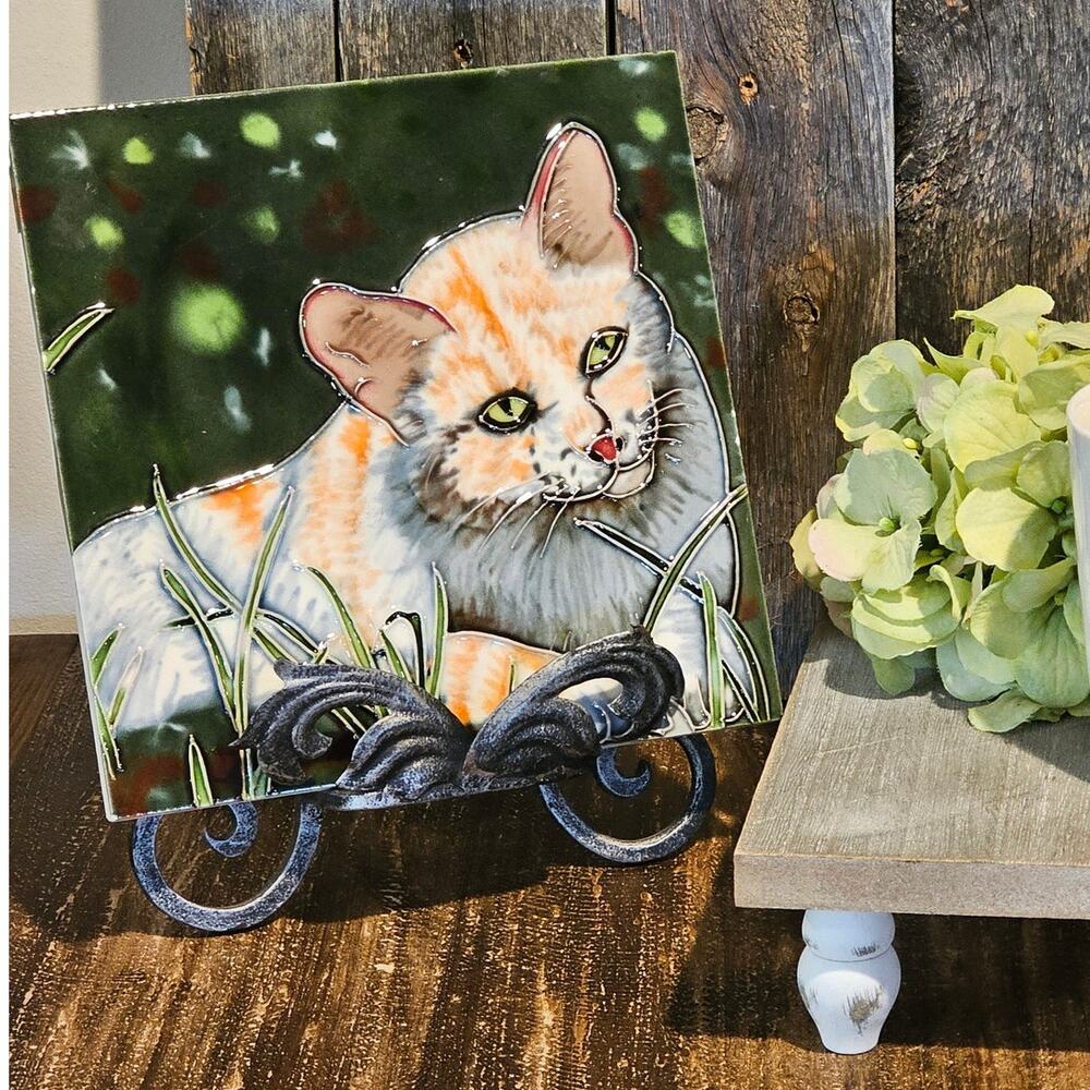 Vintage Handmade Ceramic Tile Orange Tabby Cat Whimsical Wall Art 8x8